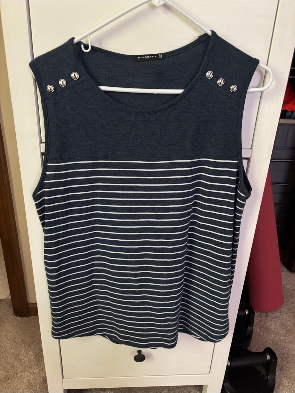 Staccato Navy and White Striped Sleeveless Tank with Shoulder Buttons